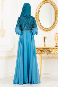 Dantel Detaylı Mavi Tesettür Abiye Elbise 8241M - Thumbnail