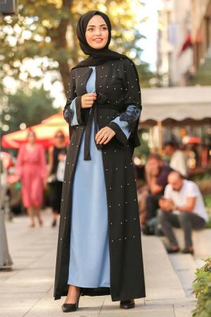 İnci İşlemeli Mavi Tesettür Abaya 100231M - 1