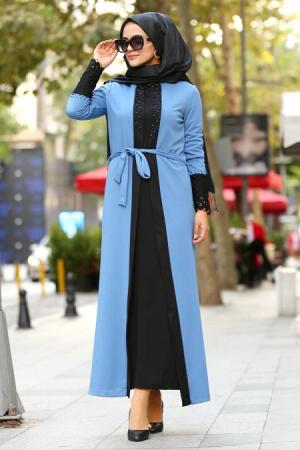 Kolları Dantelli Mavi Tesettür Abaya 100357M - 1