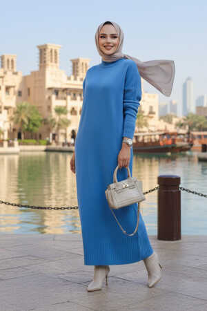 Neva Style - Blue Long Dress for Muslim Ladies Knitwear Dress 3409M - NEVA STYLE