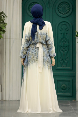 Blue Muslim Long Dress Style 39821M - 4