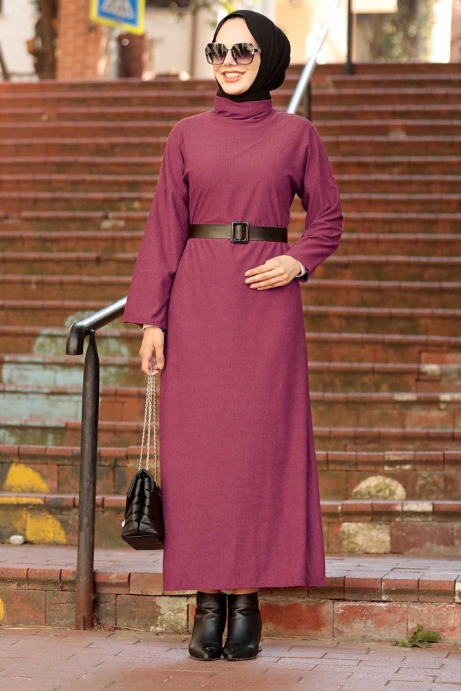 Neva Style - Boğazlı Açık Gül Kurusu Tesettür Elbise 30082AGK - 1