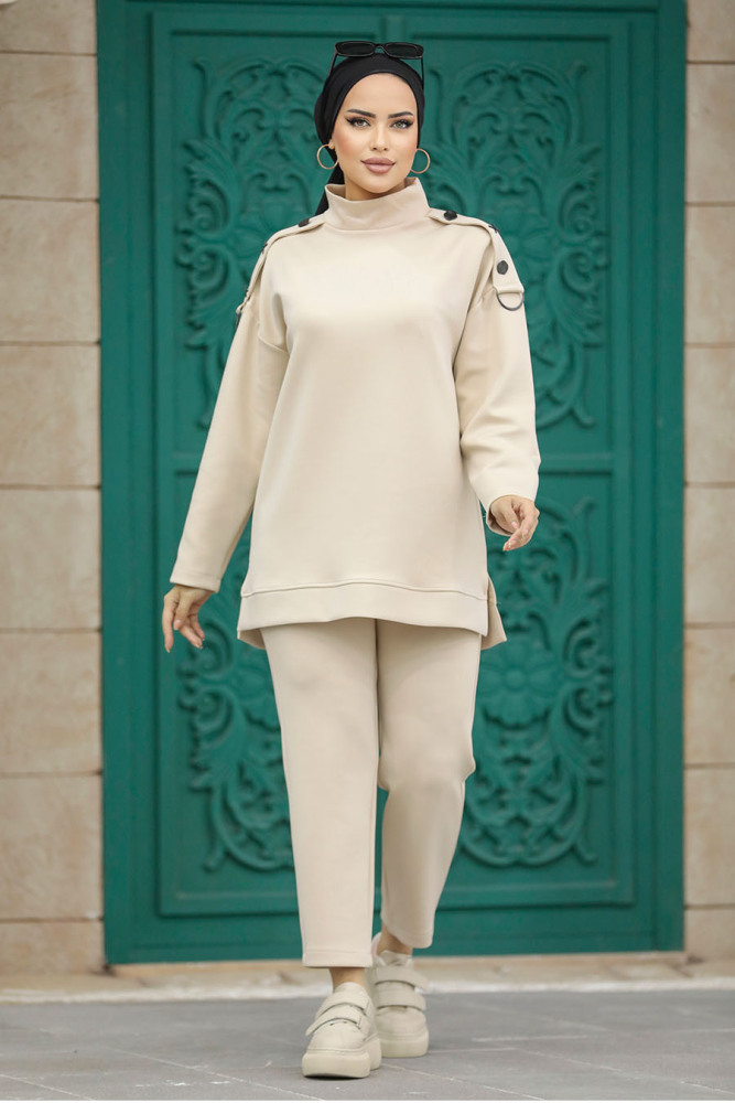 Neva Style - Boğazlı Bej Tesettür İkili Takım 7126BEJ - 2