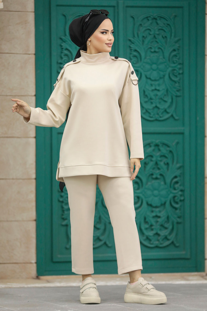 Neva Style - Boğazlı Bej Tesettür İkili Takım 7126BEJ - 3