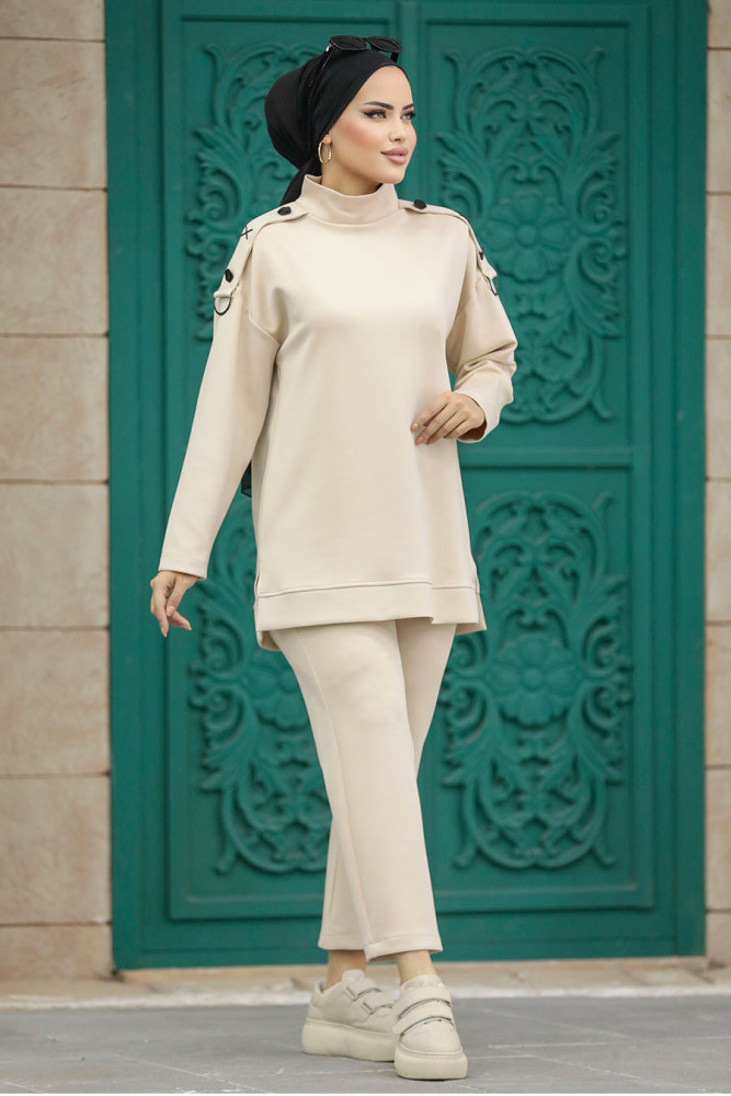 Neva Style - Boğazlı Bej Tesettür İkili Takım 7126BEJ - 1