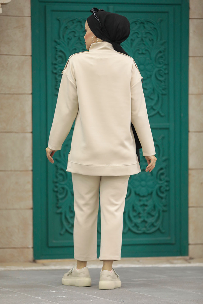 Neva Style - Boğazlı Bej Tesettür İkili Takım 7126BEJ - 4