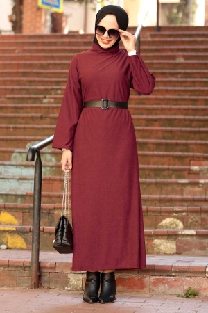 Neva Style - Boğazlı Bordo Tesettür Elbise 30082BR - 1