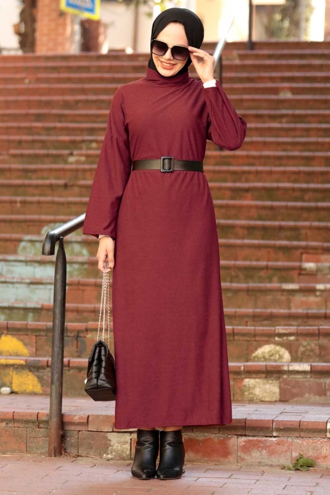 Neva Style - Boğazlı Bordo Tesettür Elbise 30082BR - 1