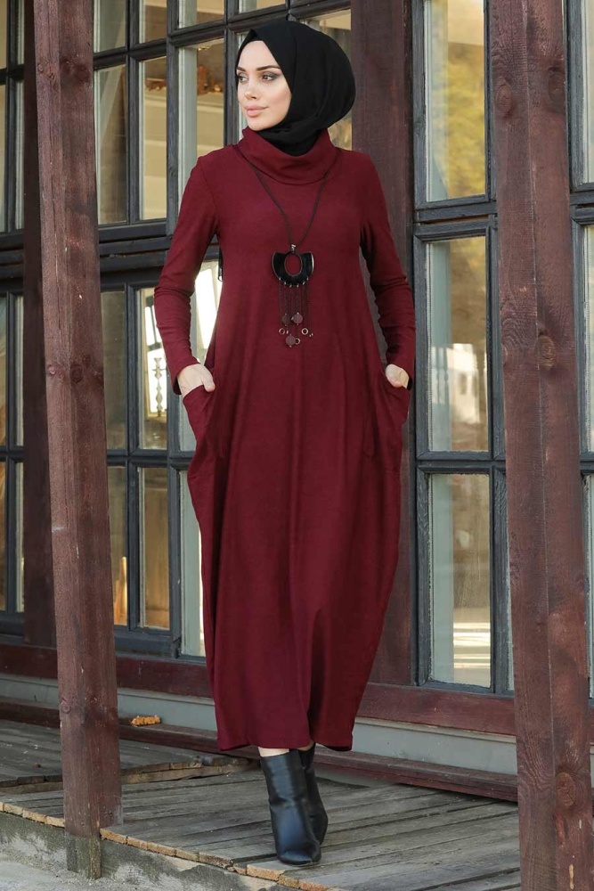 Neva Style - Boğazlı Bordo Tesettür Elbise 3351BR - 1