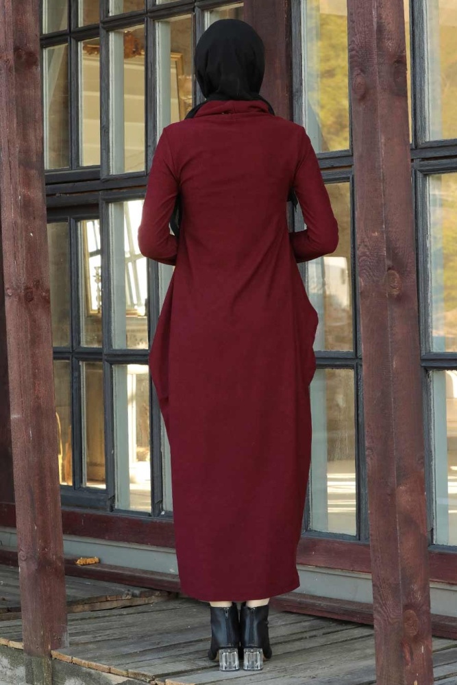 Neva Style - Boğazlı Bordo Tesettür Elbise 3351BR - 2