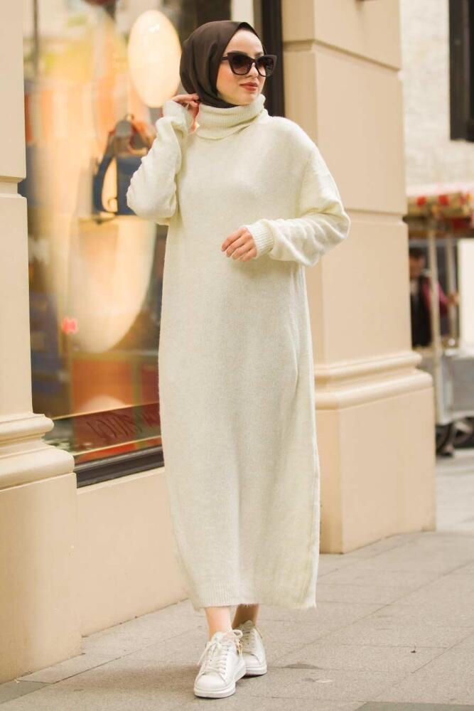 Neva Style - Boğazlı Ekru Tesettür Triko Tunik 15678E - 1