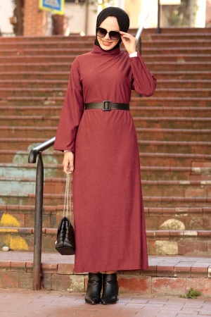 Neva Style - Boğazlı Gül Kurusu Tesettür Elbise 30082GK - 1