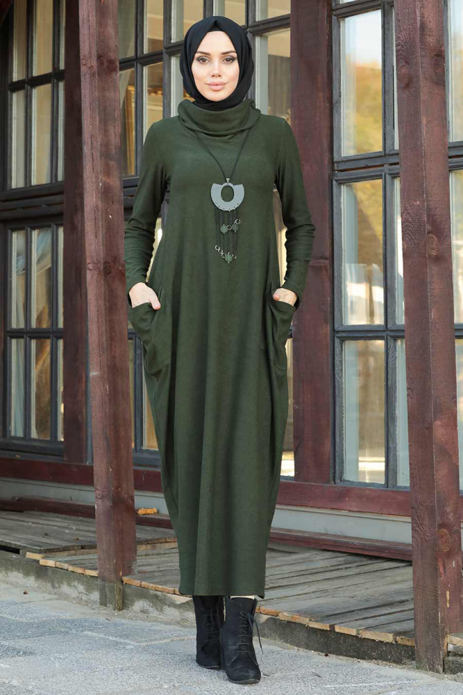 Neva Style - Boğazlı Haki Tesettür Elbise 3351HK - 1