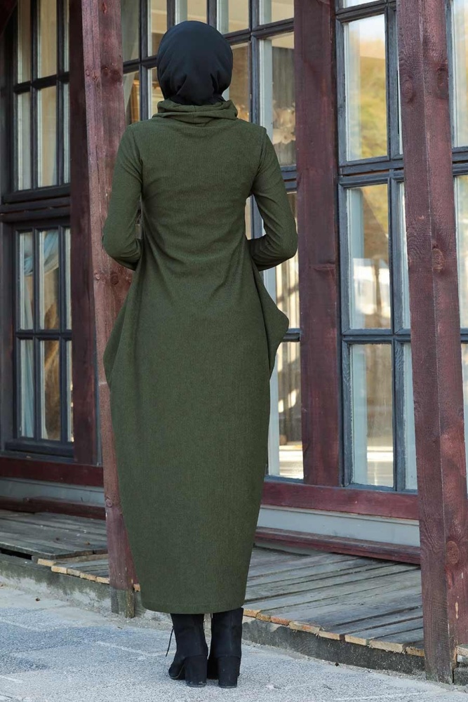 Neva Style - Boğazlı Haki Tesettür Elbise 3351HK - 2