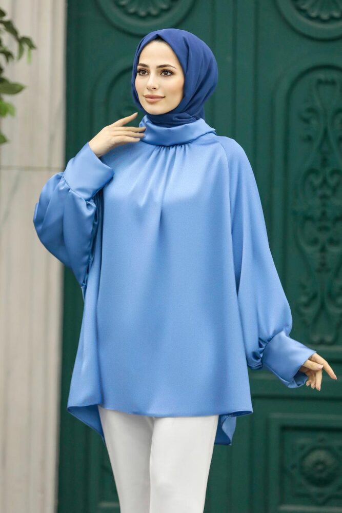 Neva Style - Boğazlı İndigo Mavisi Tesettür Gömlek 5894IM - 2