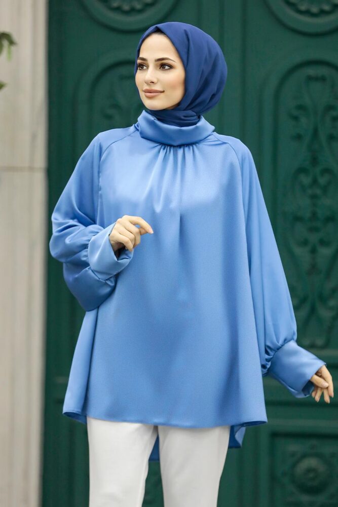 Neva Style - Boğazlı İndigo Mavisi Tesettür Gömlek 5894IM - NEVA STYLE