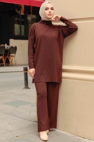 Neva Style - Boğazlı Kahverengi Tesettür Triko İkili Takım 3398KH - Thumbnail