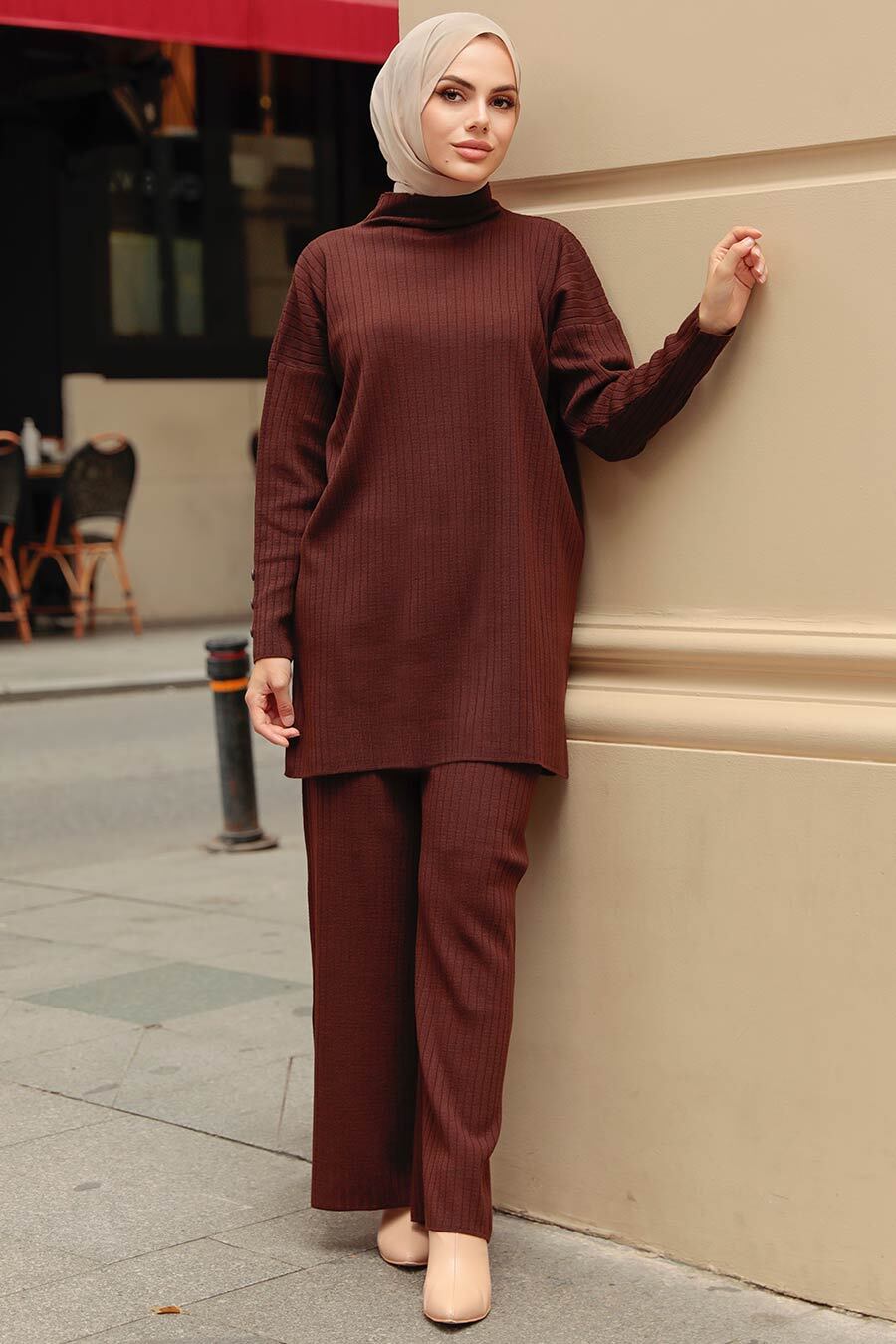 Neva Style - Boğazlı Kahverengi Tesettür Triko İkili Takım 3398KH