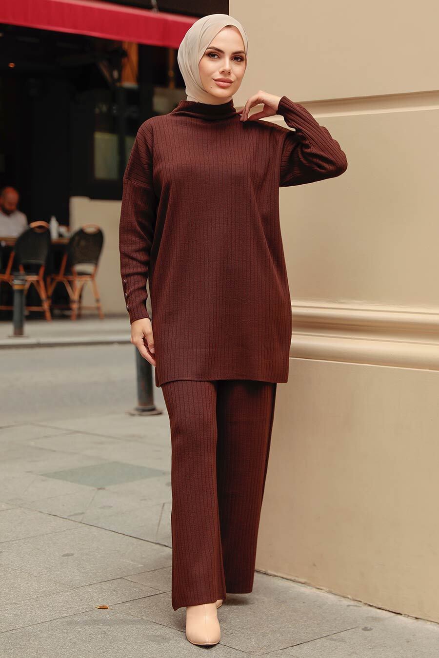 Neva Style - Boğazlı Kahverengi Tesettür Triko İkili Takım 3398KH