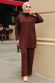Neva Style - Boğazlı Kahverengi Tesettür Triko İkili Takım 3398KH - Thumbnail