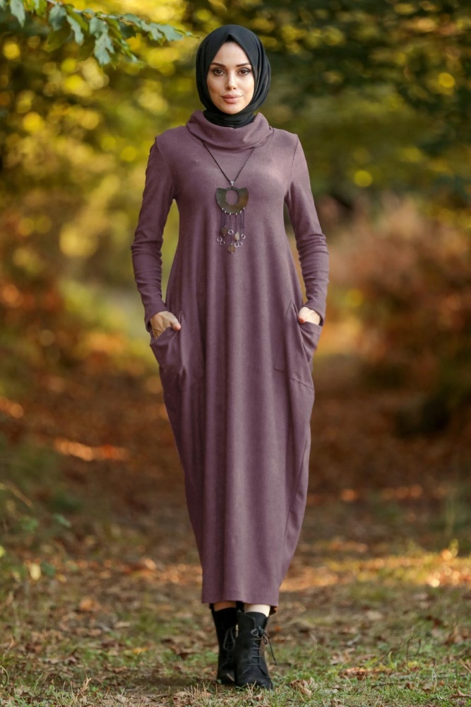 Neva Style - Boğazlı Koyu Lila Tesettür Elbise 3351KLILA - 1