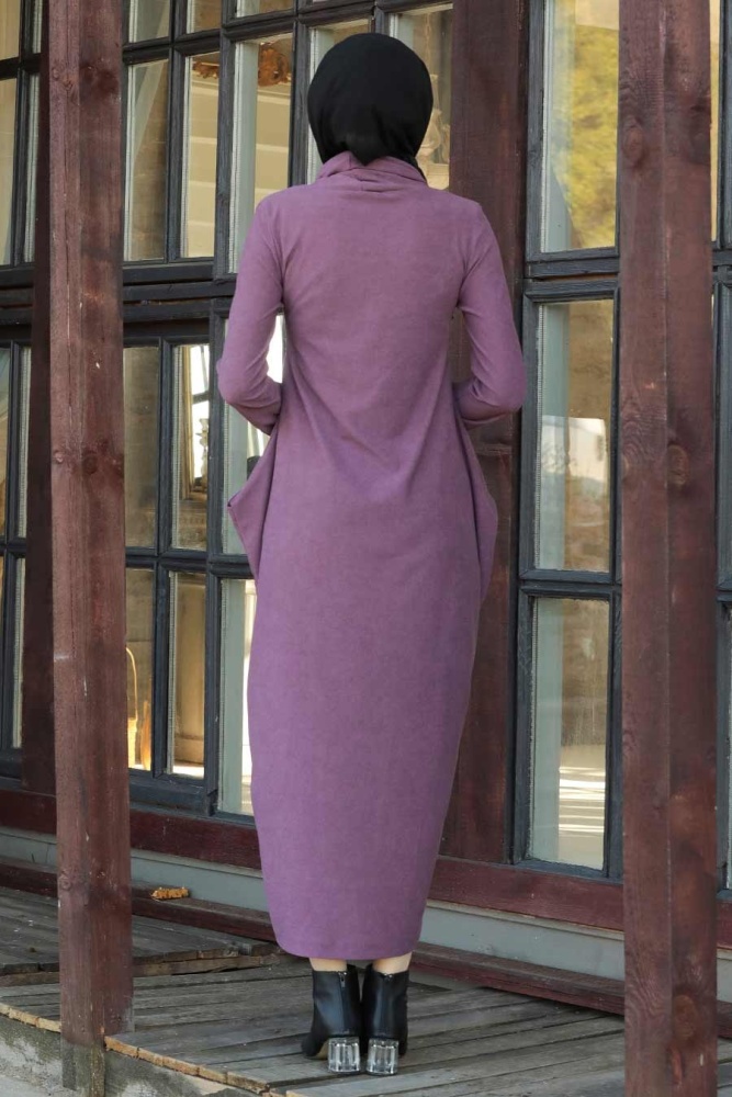 Neva Style - Boğazlı Koyu Lila Tesettür Elbise 3351KLILA - 2