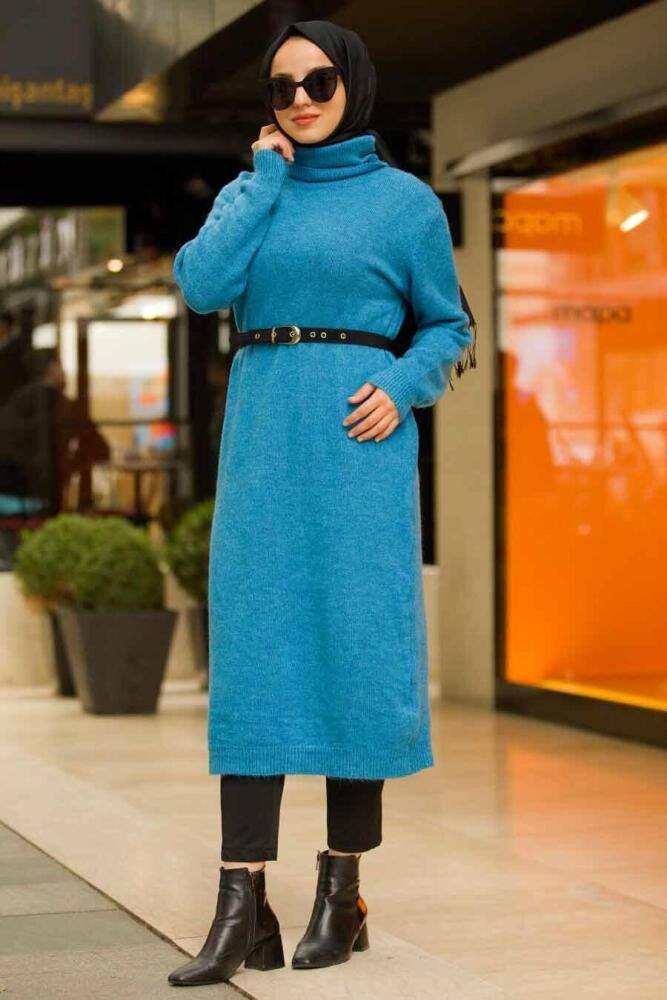 Neva Style - Boğazlı Mavi Tesettür Triko Tunik 15678M - 1