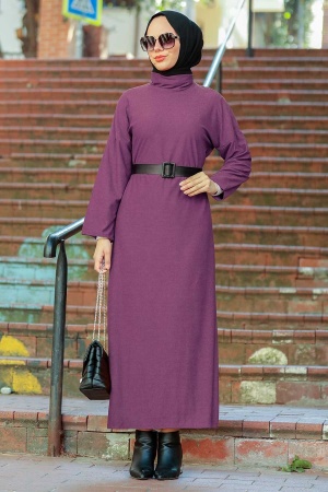 Neva Style - Boğazlı Mor Tesettür Elbise 30082MOR - 1