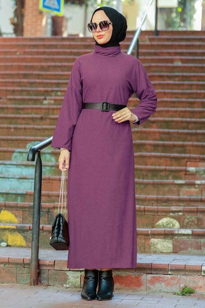 Neva Style - Boğazlı Mor Tesettür Elbise 30082MOR - 1