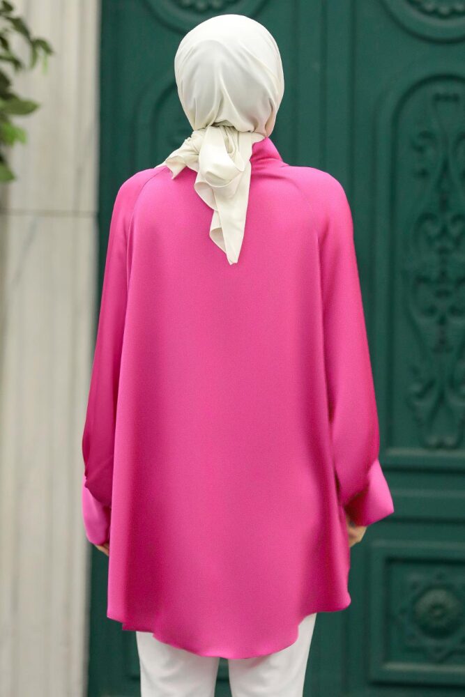 Neva Style - Boğazlı Pembe Tesettür Gömlek 5894P - 3