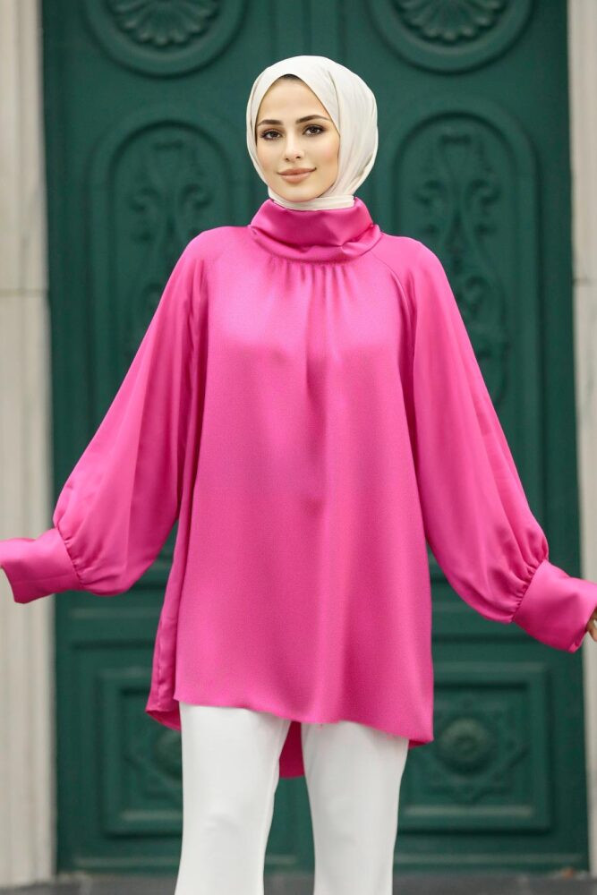 Neva Style - Boğazlı Pembe Tesettür Gömlek 5894P - NEVA STYLE