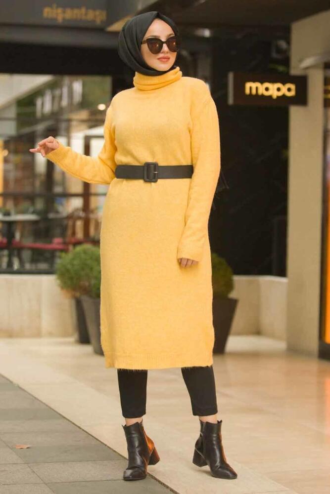 Neva Style - Boğazlı Sarı Tesettür Triko Tunik 15678SR - 1