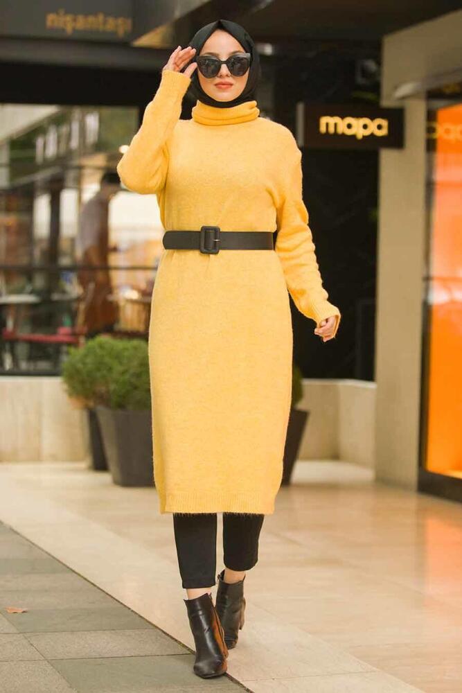 Neva Style - Boğazlı Sarı Tesettür Triko Tunik 15678SR - 2
