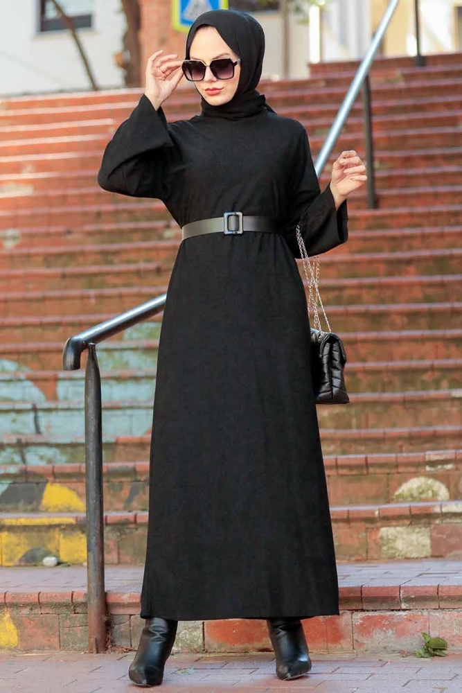 Neva Style - Boğazlı Siyah Tesettür Elbise 30082S - 1