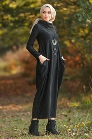 Neva Style - Boğazlı Siyah Tesettür Elbise 3351S - Thumbnail