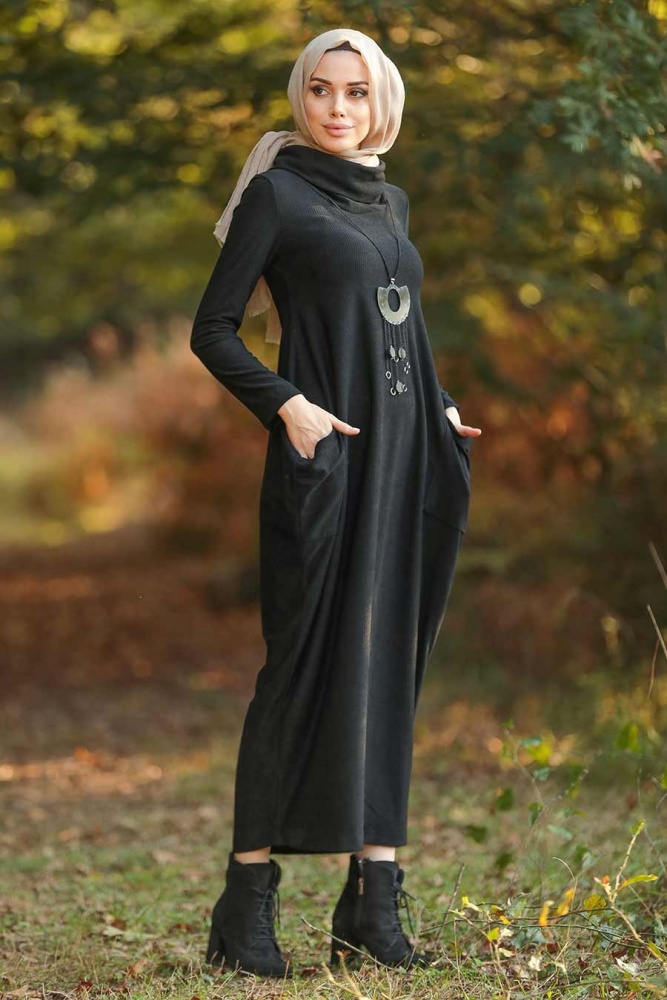 Neva Style - Boğazlı Siyah Tesettür Elbise 3351S - 1