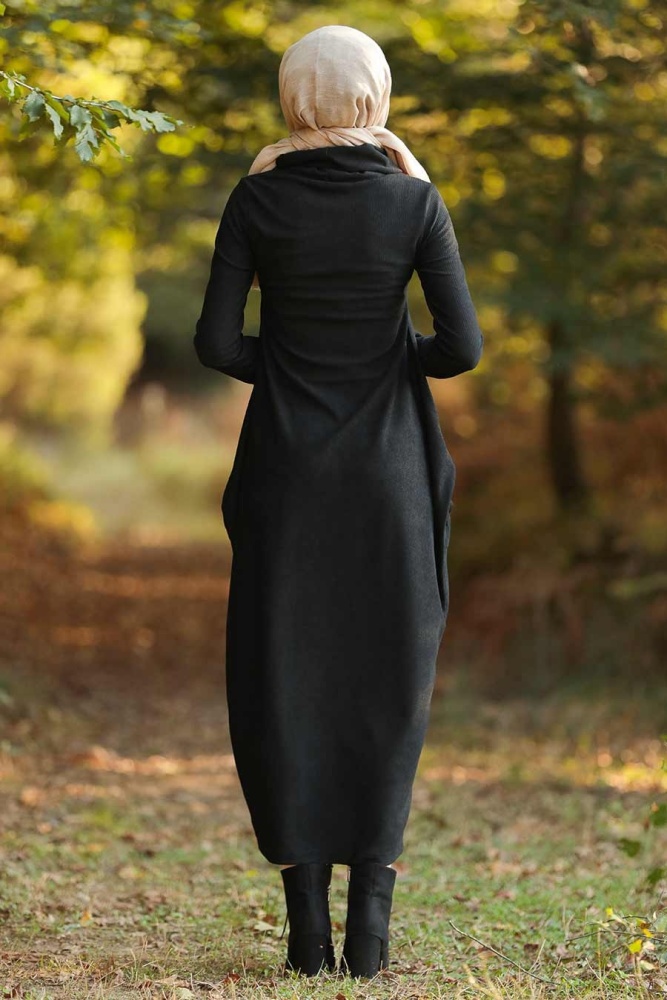 Neva Style - Boğazlı Siyah Tesettür Elbise 3351S - 2