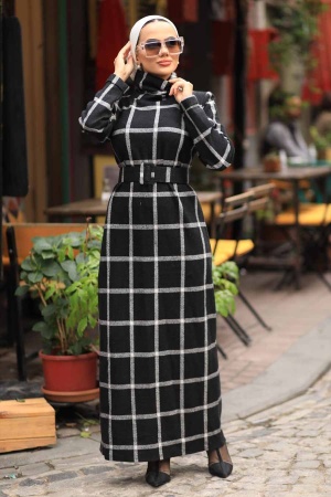 Neva Style - Boğazlı Siyah Tesettür Elbise 4475S - 1