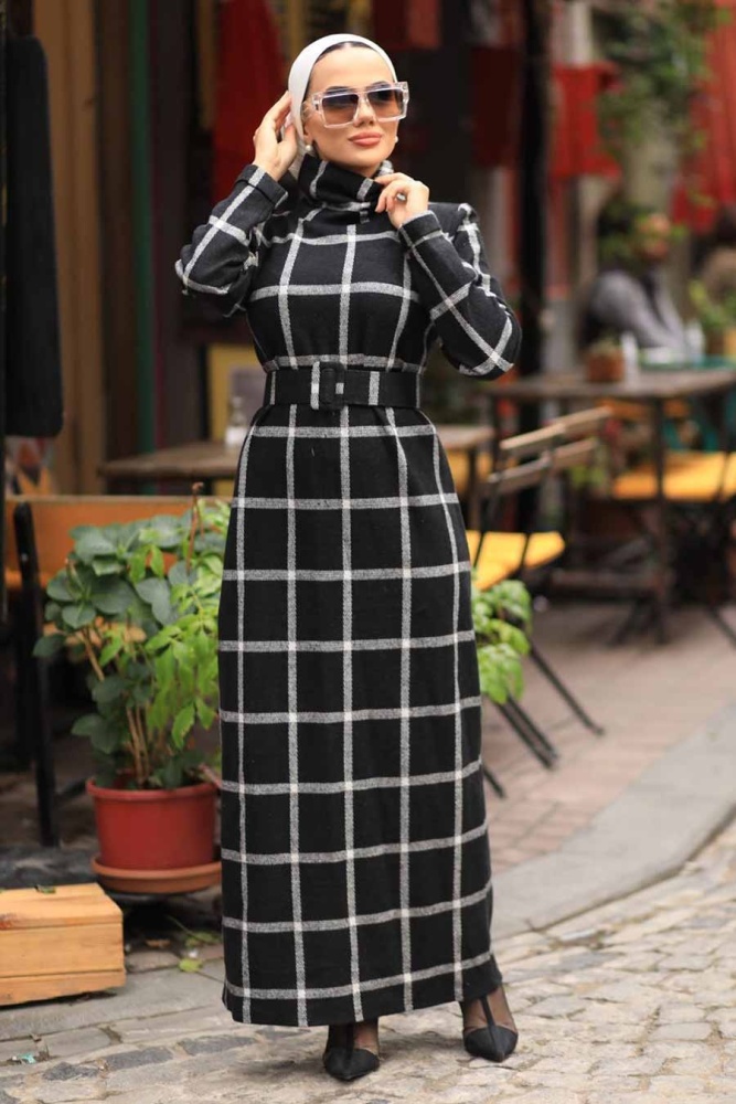Neva Style - Boğazlı Siyah Tesettür Elbise 4475S - 1