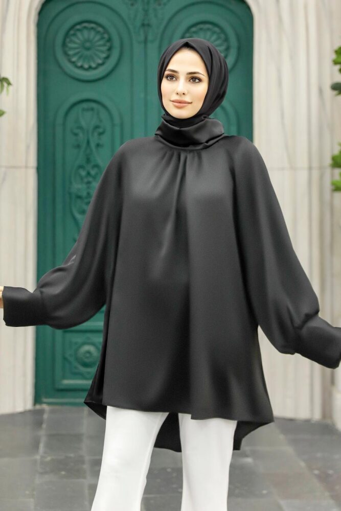 Neva Style - Boğazlı Siyah Tesettür Gömlek 5894S - 2