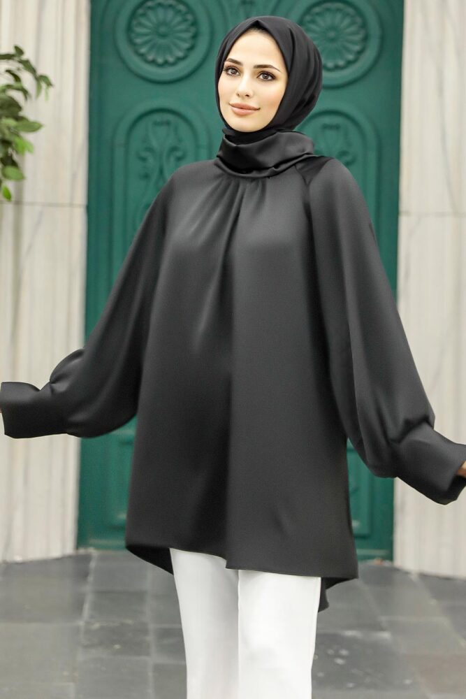 Neva Style - Boğazlı Siyah Tesettür Gömlek 5894S - 1