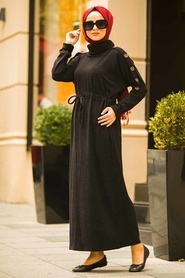 Neva Style - Boğazlı Siyah Tesettür Triko Elbise 80350S - Thumbnail