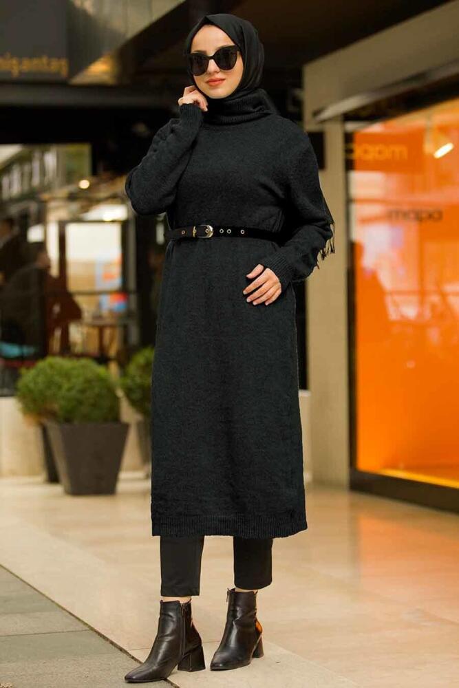 Neva Style - Boğazlı Siyah Tesettür Triko Tunik 15678S - 1