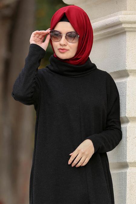 Neva Style - Boğazlı Siyah Tesettür Tunik 1634S - 2