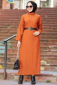 Neva Style - Boğazlı Taba Tesettür Elbise 30082TB - Thumbnail