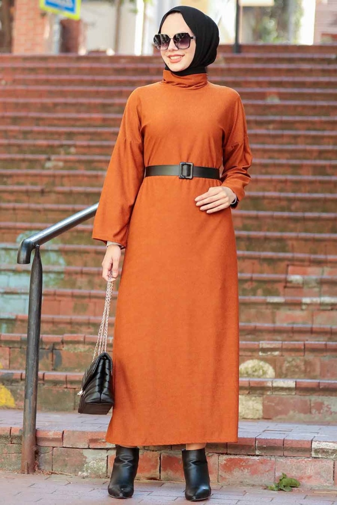 Neva Style - Boğazlı Taba Tesettür Elbise 30082TB - 1