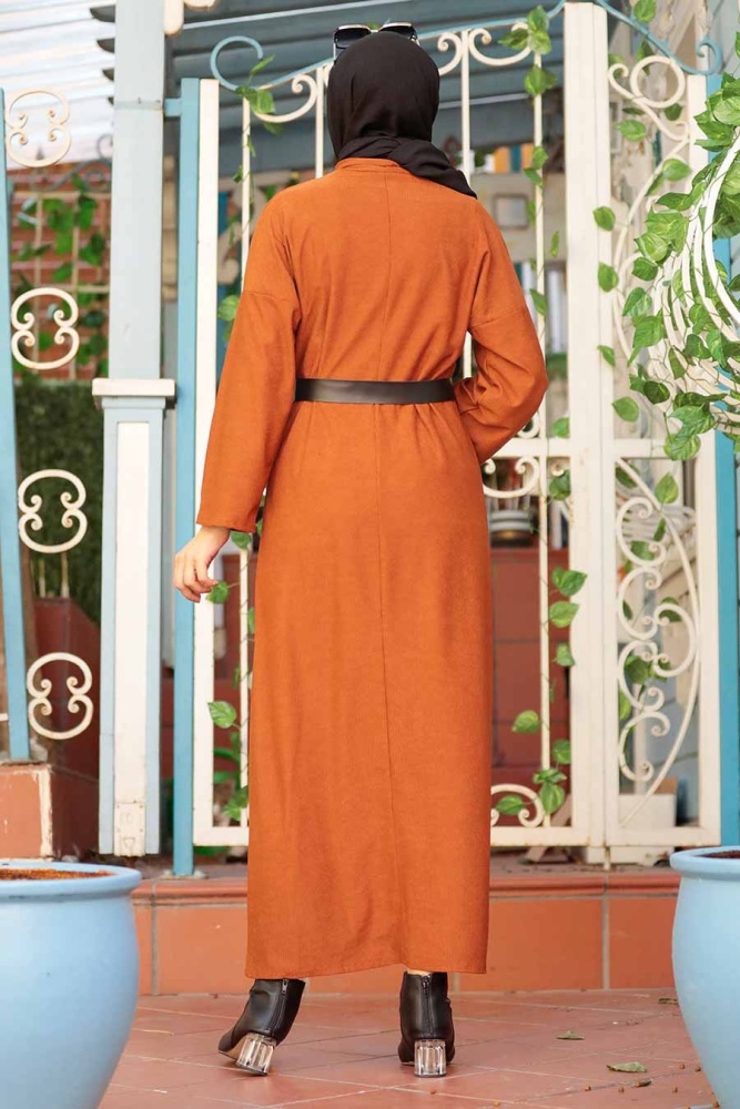 Neva Style - Boğazlı Taba Tesettür Elbise 30082TB - 2