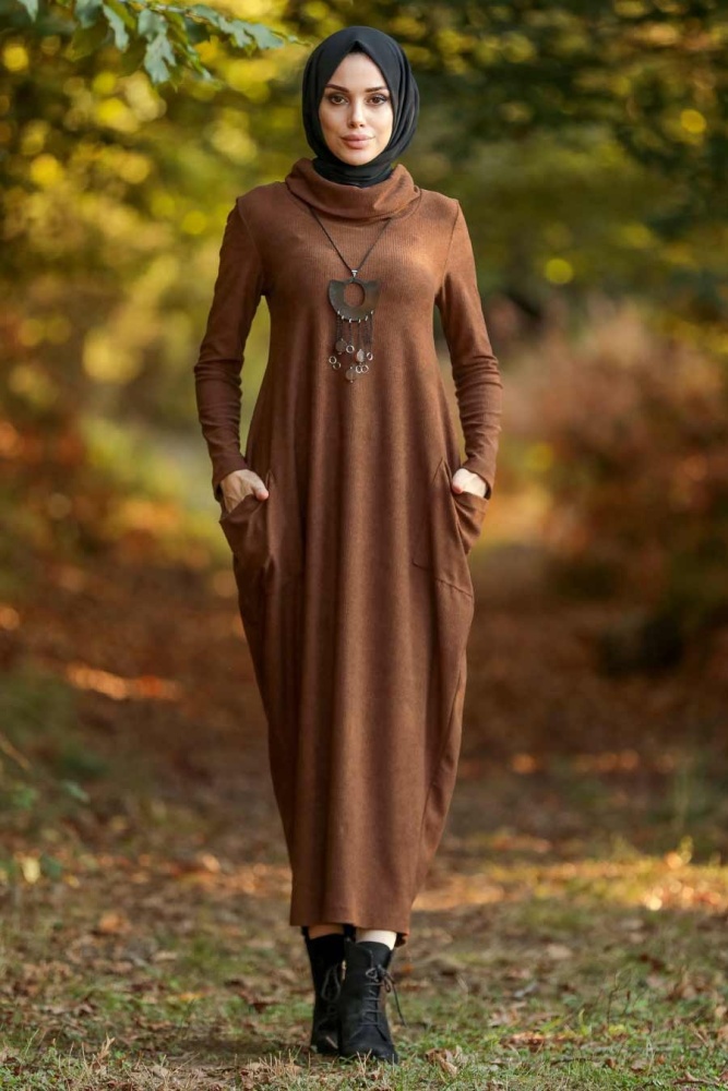 Neva Style - Boğazlı Taba Tesettür Elbise 3351TB - 1
