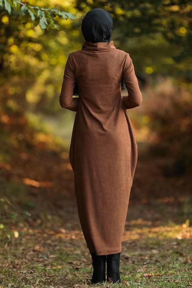 Neva Style - Boğazlı Taba Tesettür Elbise 3351TB - 2