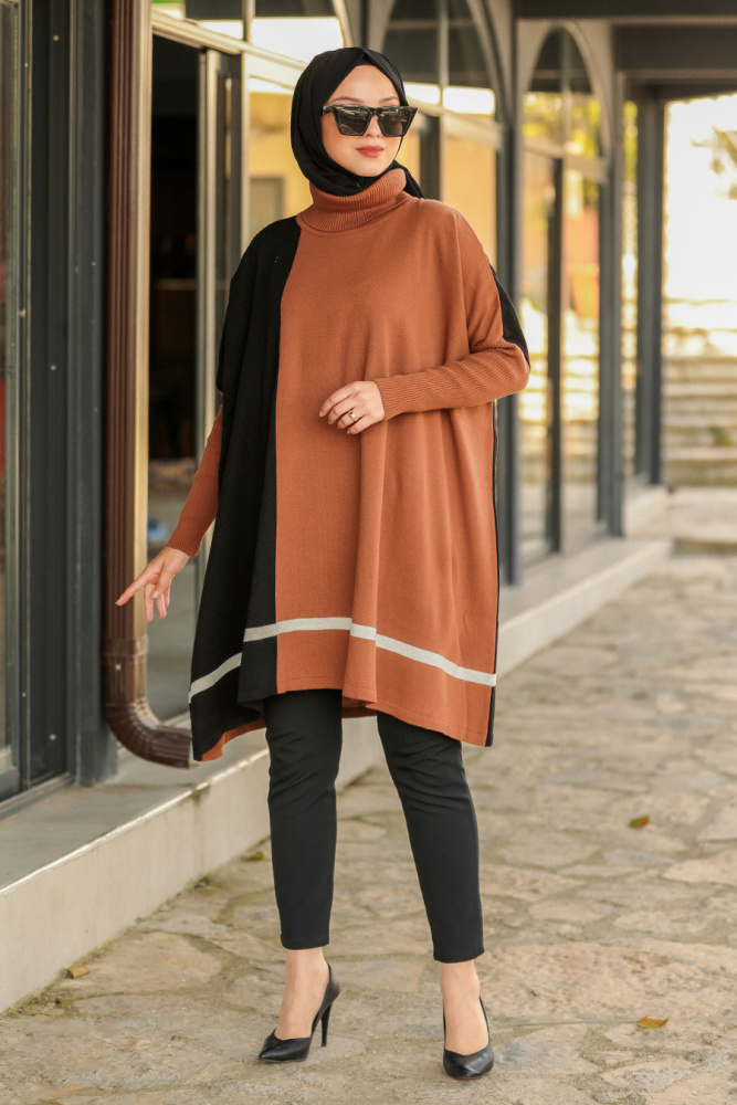 Neva Style - Boğazlı Taba Tesettür Triko Panço 2339TB - 1